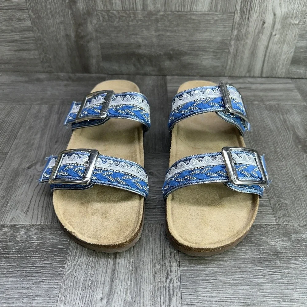 Madden Girl Sandals Women Size 7 Blue Boho Embroidered Sequin Cork Slides NEW